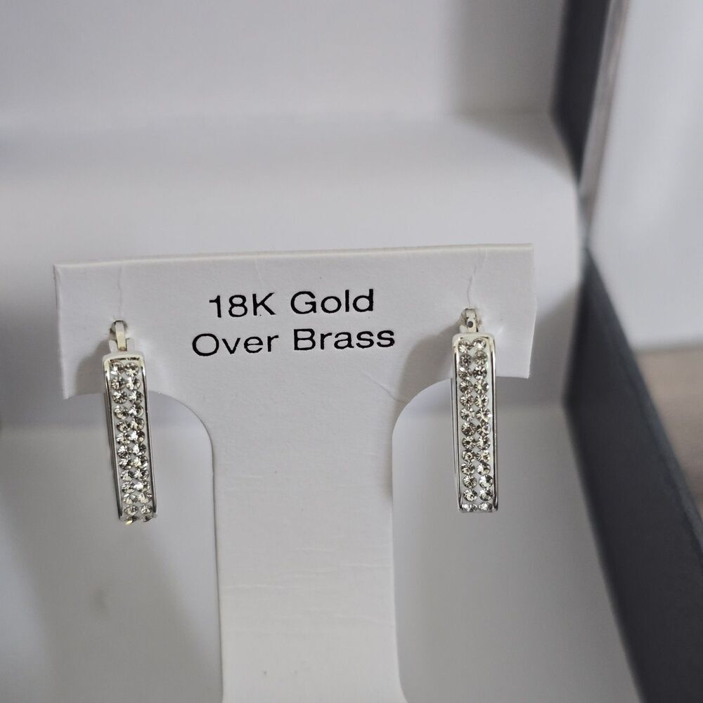 And Now This Silver Crystals Hoop Earrings 18k Gold Over Brass NIB $50